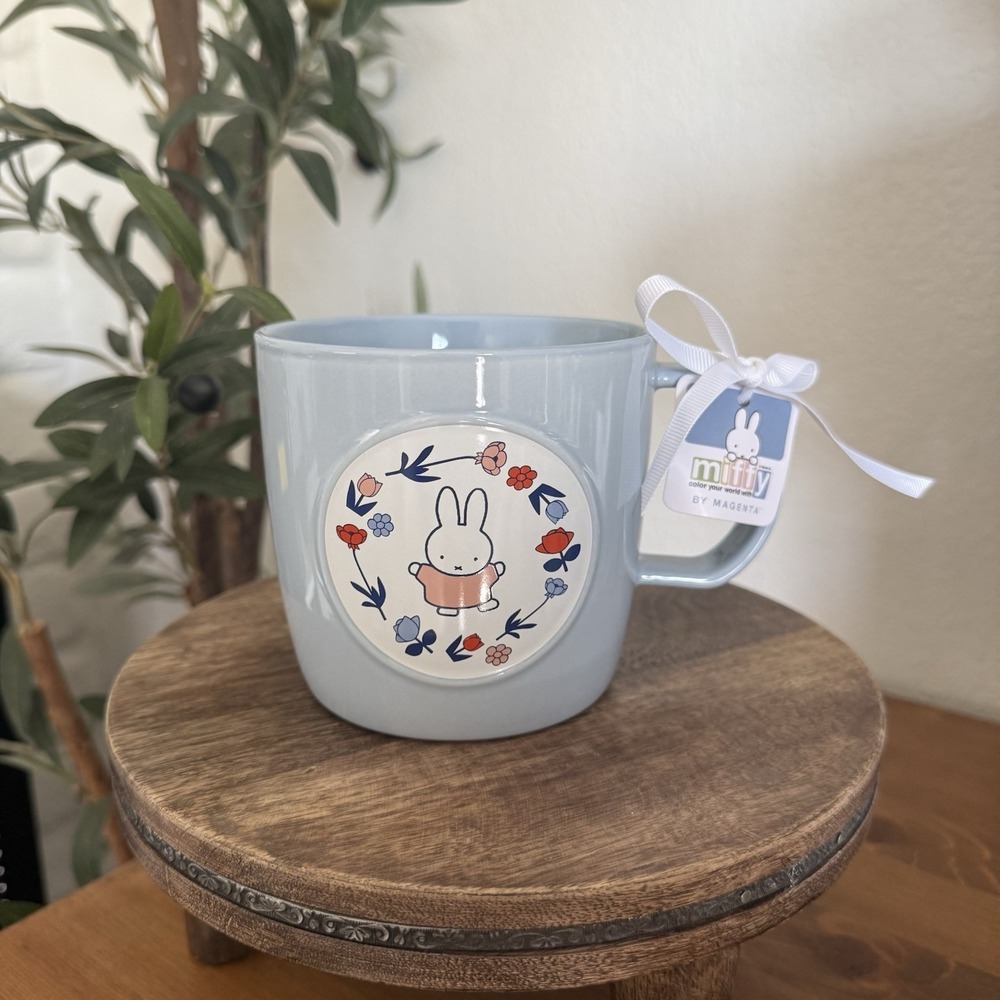 NWT Magenta Miffy Bunny Spring Cute Floral Design Pastel Blue‎ Ceramic Mug Cup